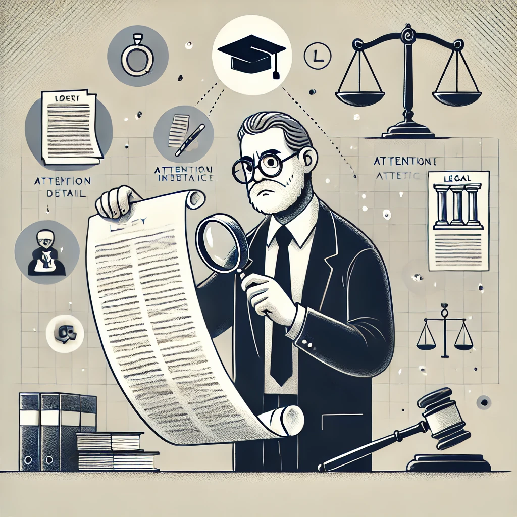 Single-panel comic of a lawyer Litigation in Vancouver with glasses examining a legal document with a magnifying glass, surrounded by floating legal symbols