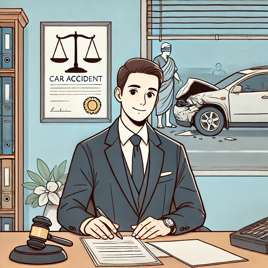 Single-panel comic of a car accident lawyer at a desk, with a crash scene visible through the window and Insurance Companies Fear