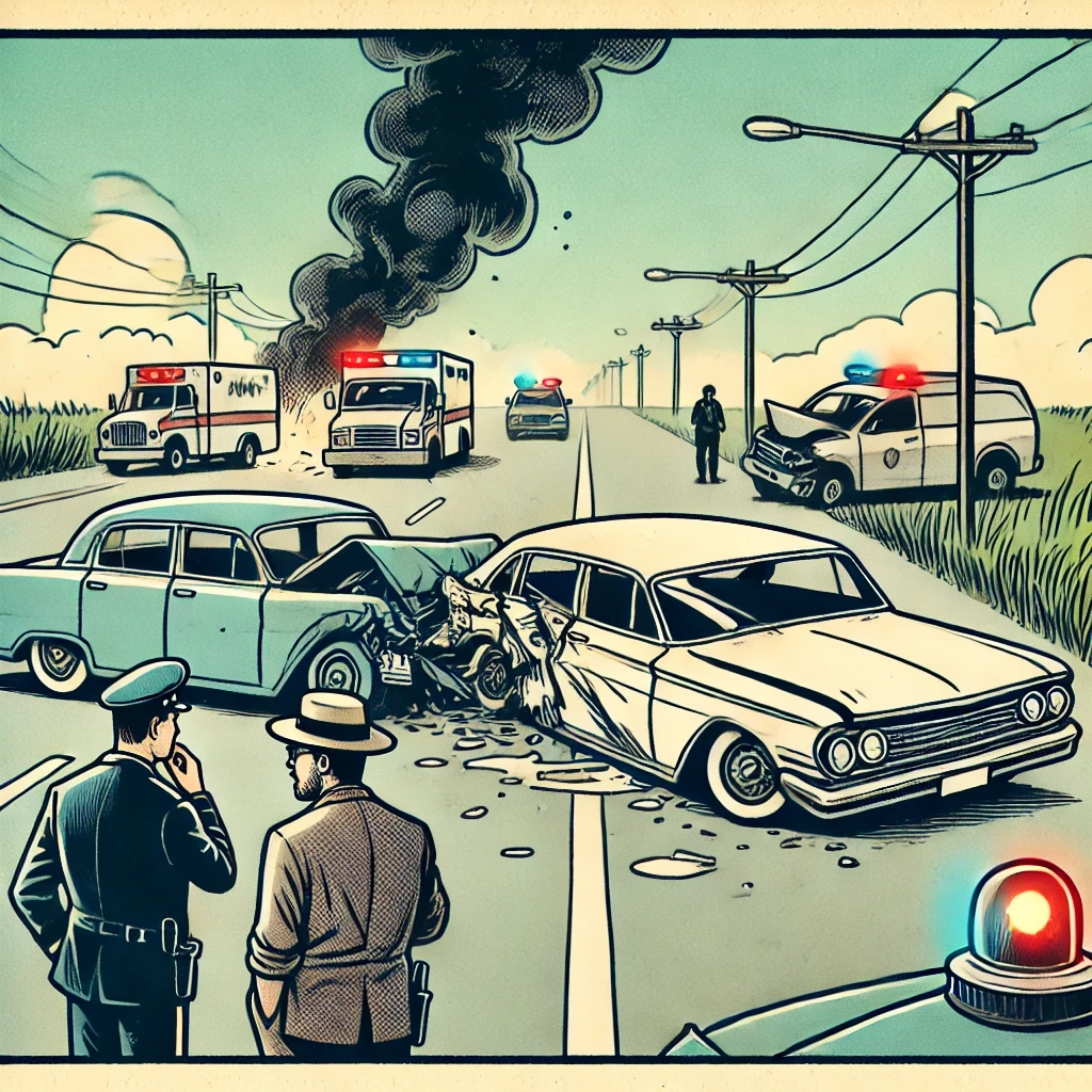 Single-panel comic of a car accident scene with two damaged cars, concerned drivers, a police officer approaching, and smoke rising from one vehicle showing Insurance Companies Fear