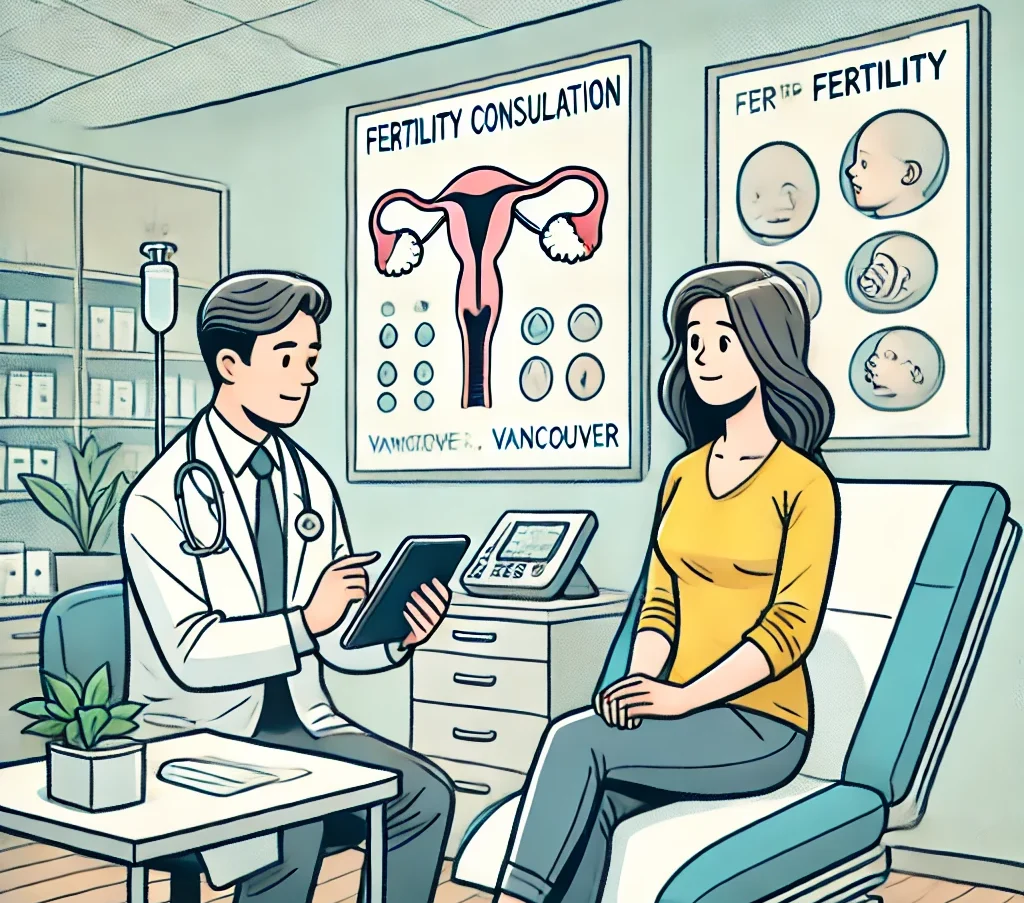 A woman at a Vancouver fertility clinic consulting a doctor, with medical posters and a welcoming setting. Sperm Donors process emphasized.