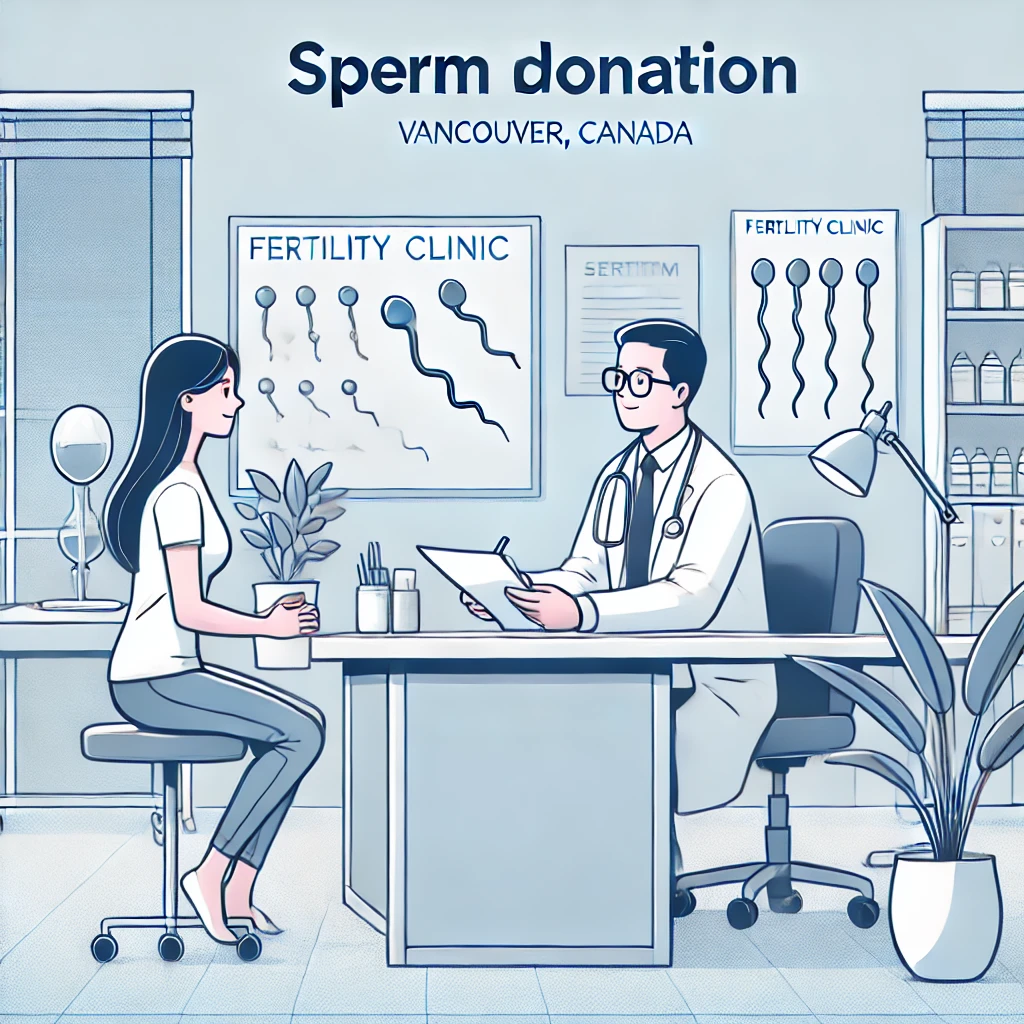 A woman consulting a doctor at a Vancouver fertility clinic about Sperm Donors, with medical charts in the background.