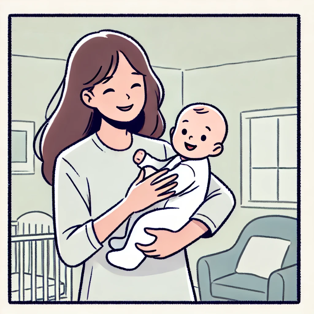 A simple single-panel comic of a woman holding a baby in her arms, looking joyful and content in a cozy home setting. She found a foreign Sperm Donor.