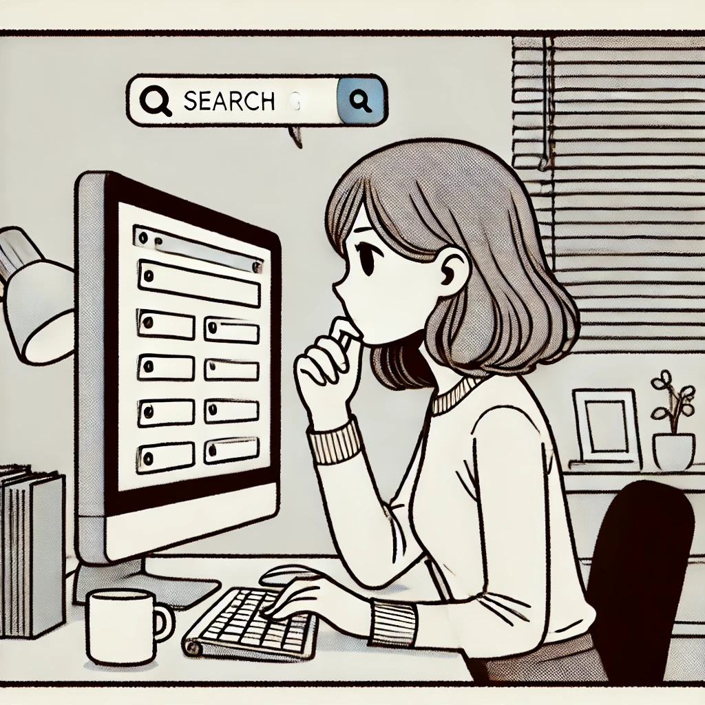 A simple single-panel comic of a woman at her desk, searching for a Foreign Sperm Donor on her computer with a focused expression.