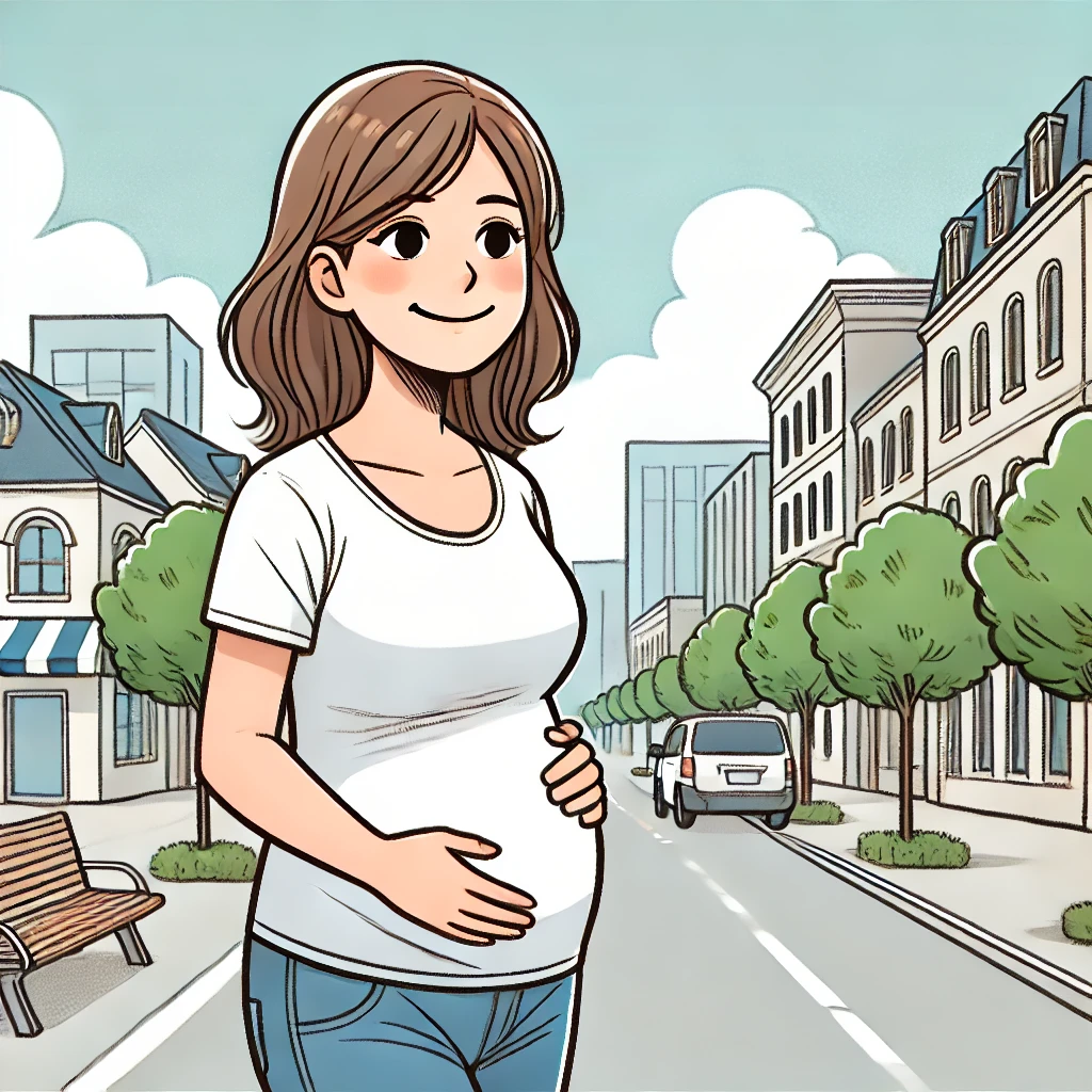 A simple single-panel comic of a pregnant woman walking down a city street, looking content, with buildings and trees in the background. She found a foreign Sperm Donor.